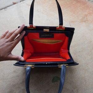 Vintage Saks Fifth Avenue 50s Leather Frame Handbag Navy Blue Red Interior